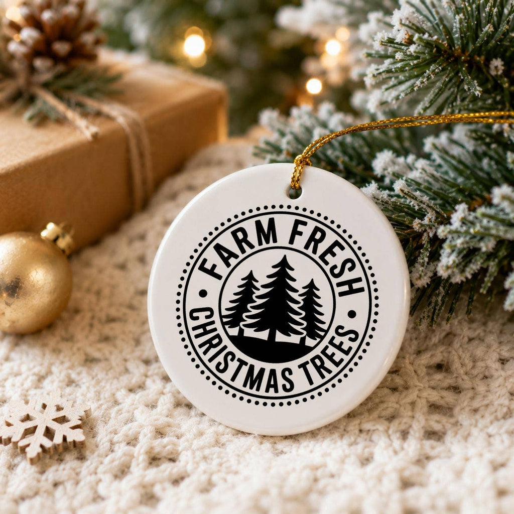Farm Fresh Pine Trees Rustic Ceramic Ornament with Gift Box