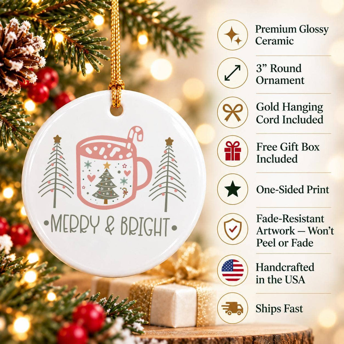 Merry & Bright Ceramic Ornament with Festive Mug & Trees