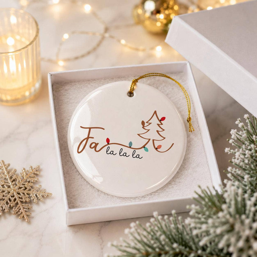 Fa La La Ceramic Ornament with Christmas Tree & Gift Box