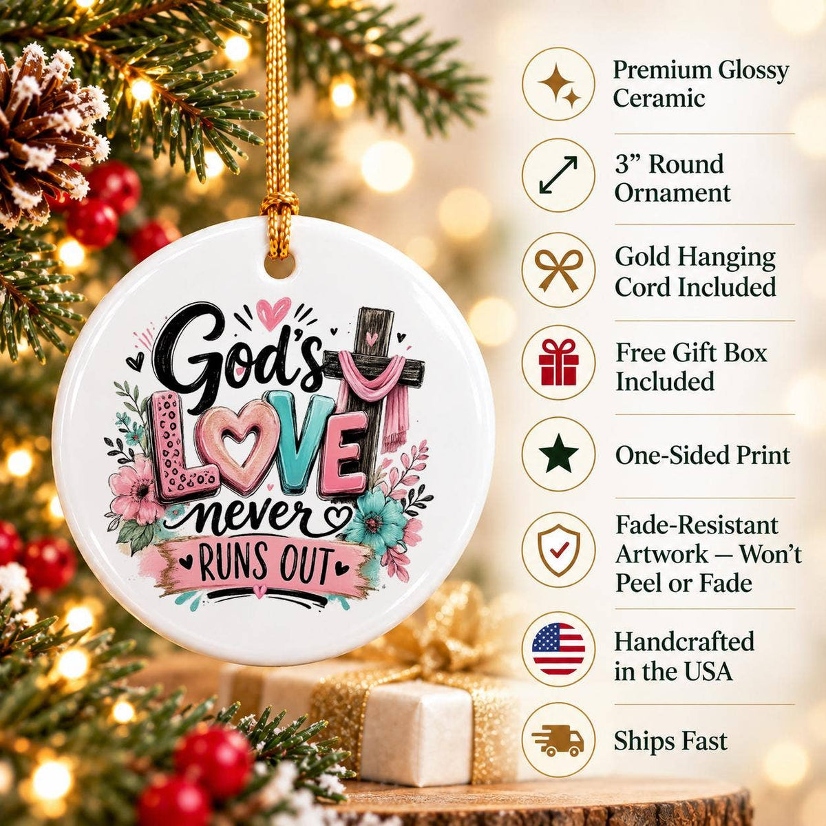 Faith & Love Floral Ceramic Ornament With Cross in Gift Box