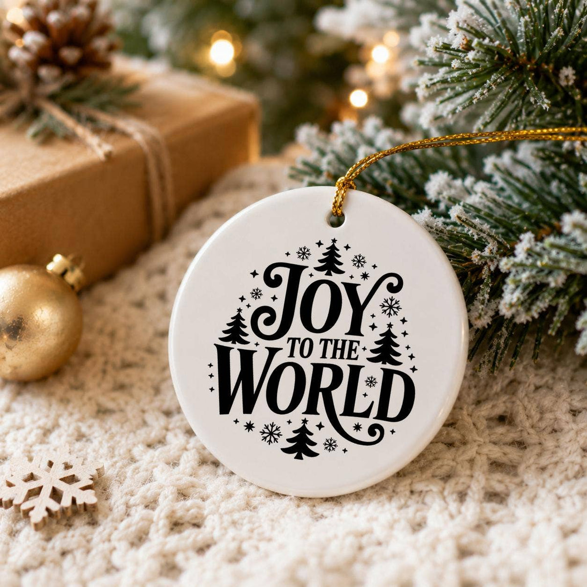 Joy to the World Ceramic Ornament with Snowflakes & Forest