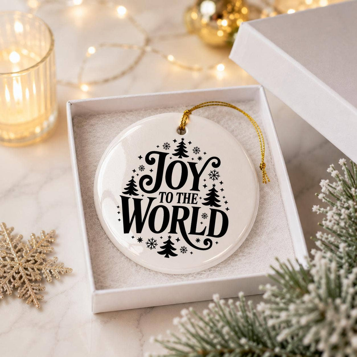 Joy to the World Ceramic Ornament with Snowflakes & Forest