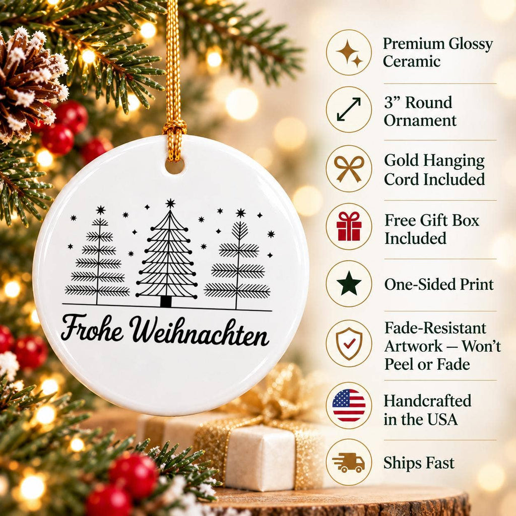 Frohe Weihnachten Ceramic Ornament with Trees & Star Accents