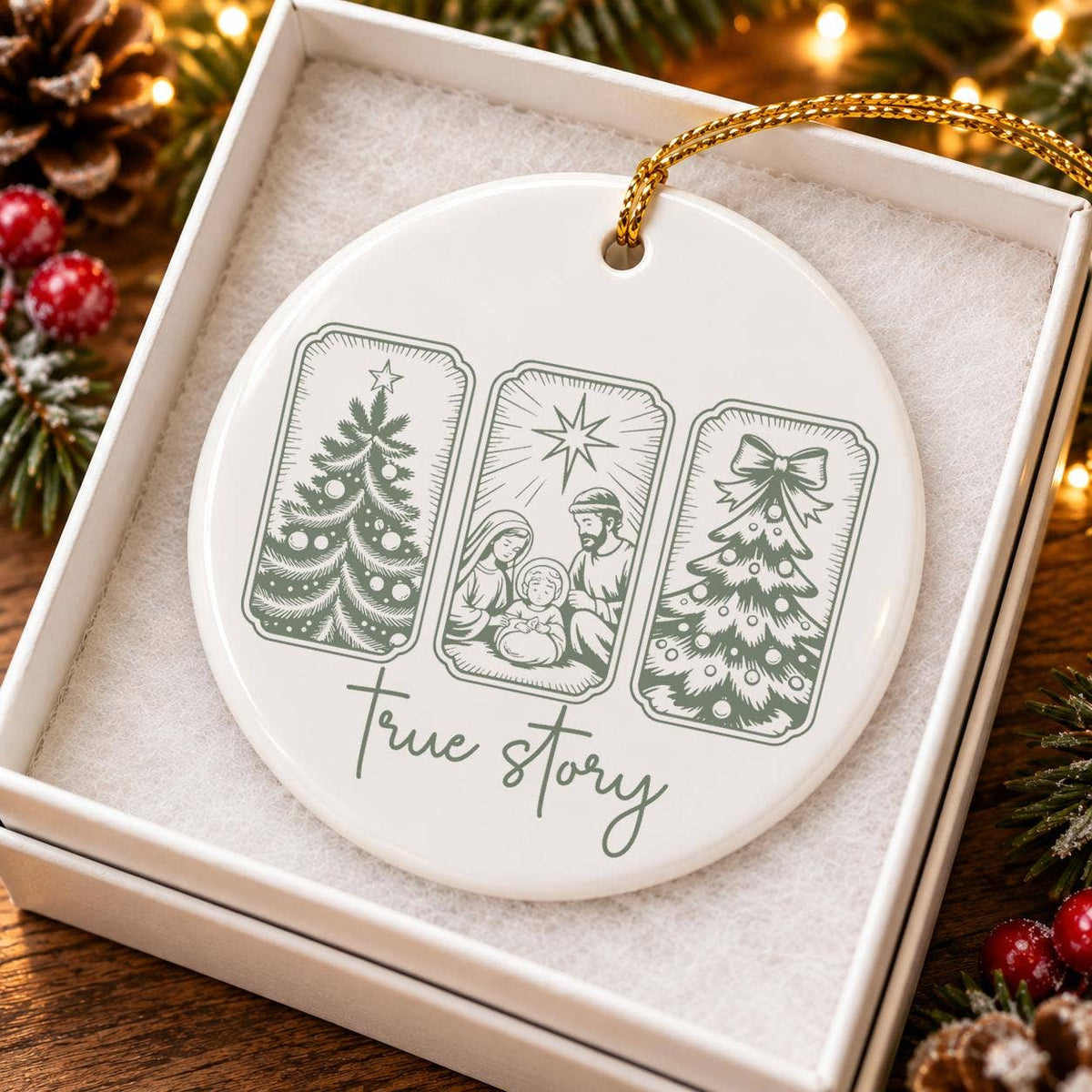 Nativity Scene Ceramic Ornament with Holy Family and Trees