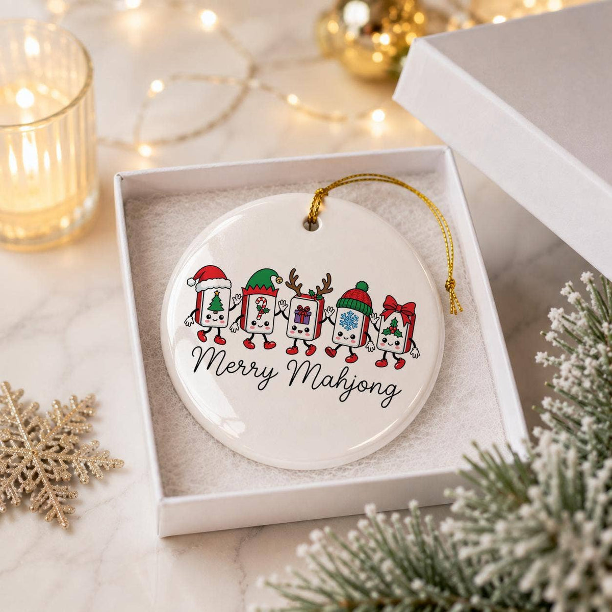 Festive Ceramic Ornament: Smiling Mahjong Tiles Xmas Decor