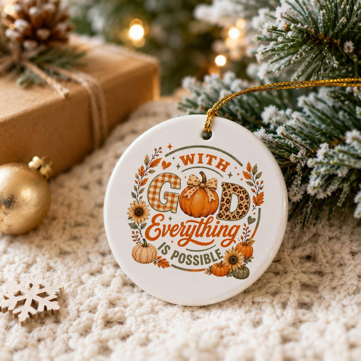 Inspirational Fall Plaid Ceramic Ornament - Faith & Pumpkins