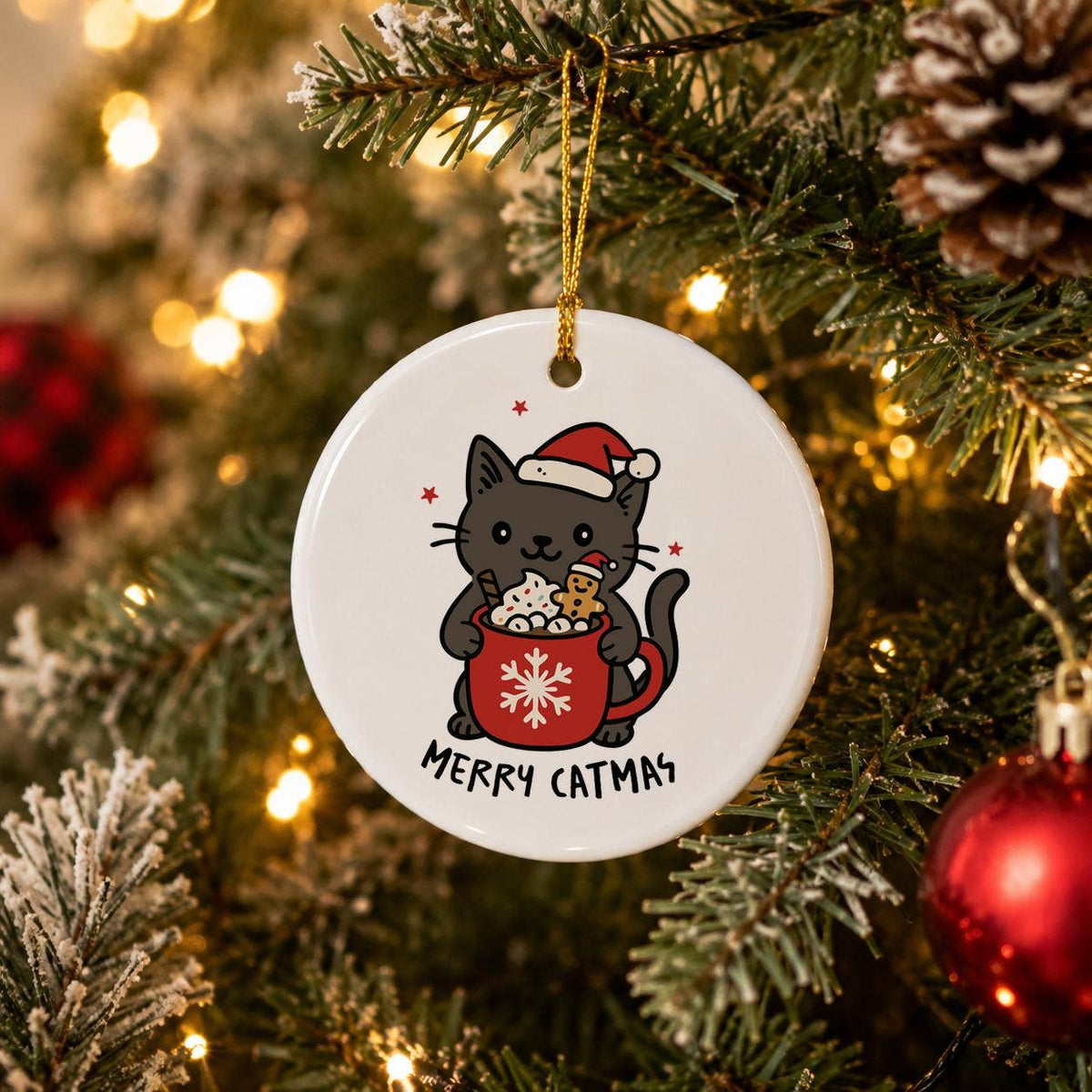 Black Cat Santa Hat Ceramic Christmas Ornament Gift Box