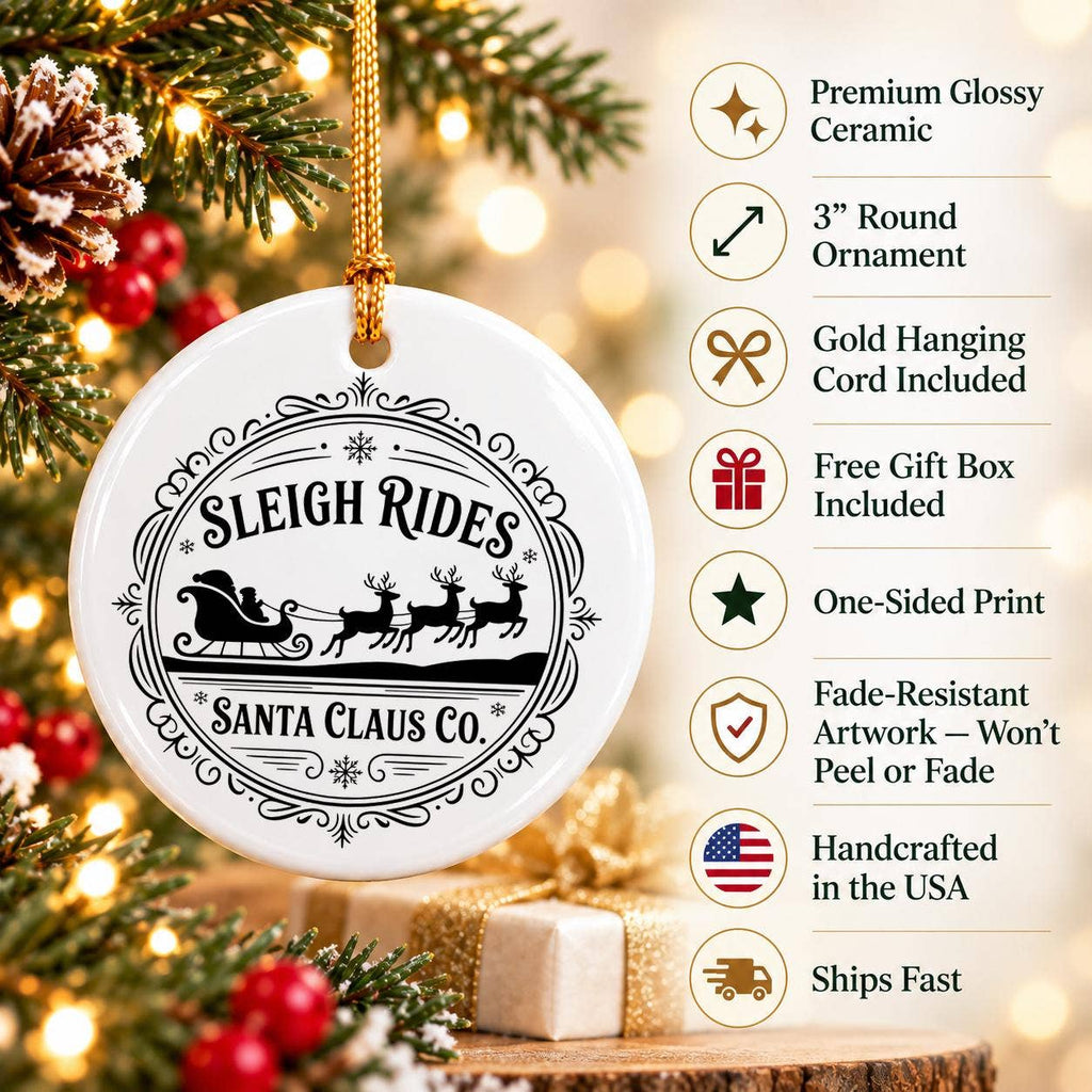 Santas Sleigh Reindeer Ceramic Ornament with Gift Box