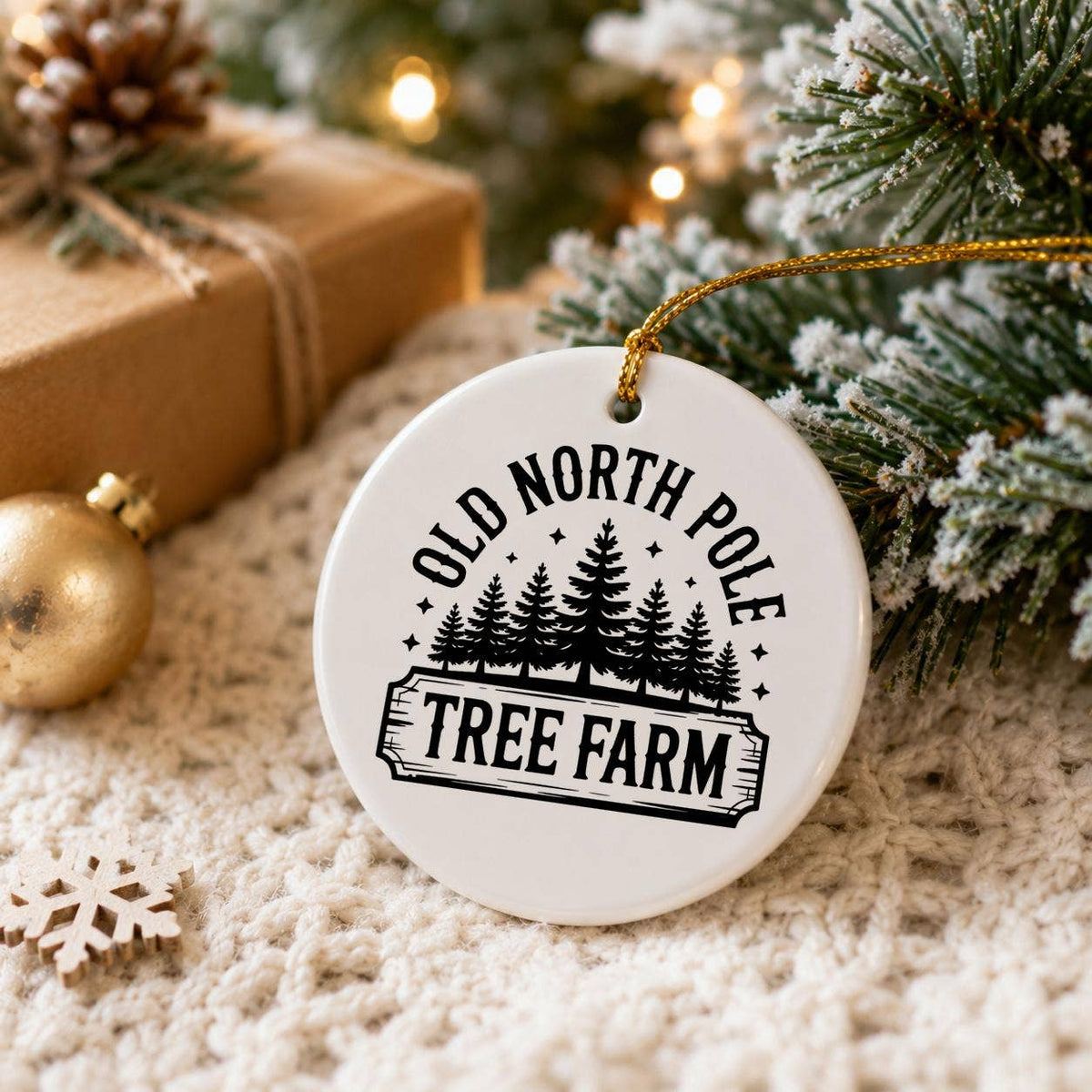 Vintage North Pole Tree Farm Ceramic Ornament for Christmas