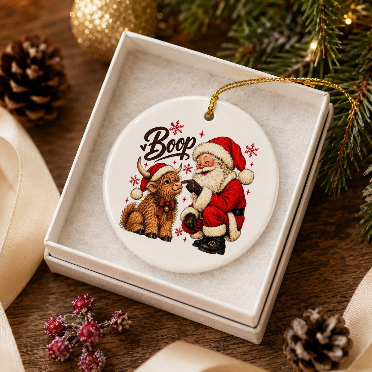 Santa Boop Ceramic Christmas Ornament with Gift Box