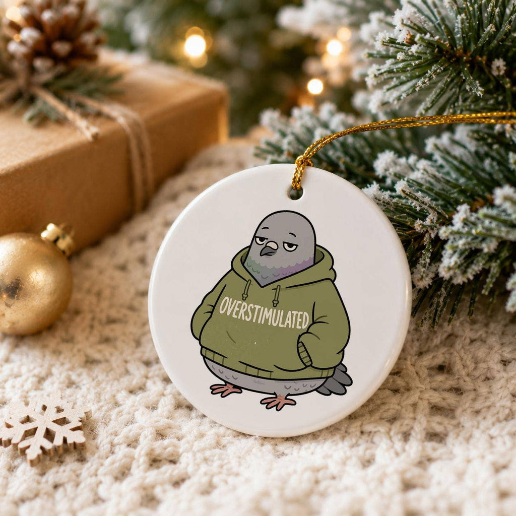 Quirky Overstimulated Pigeon Ceramic Ornament for Holidays