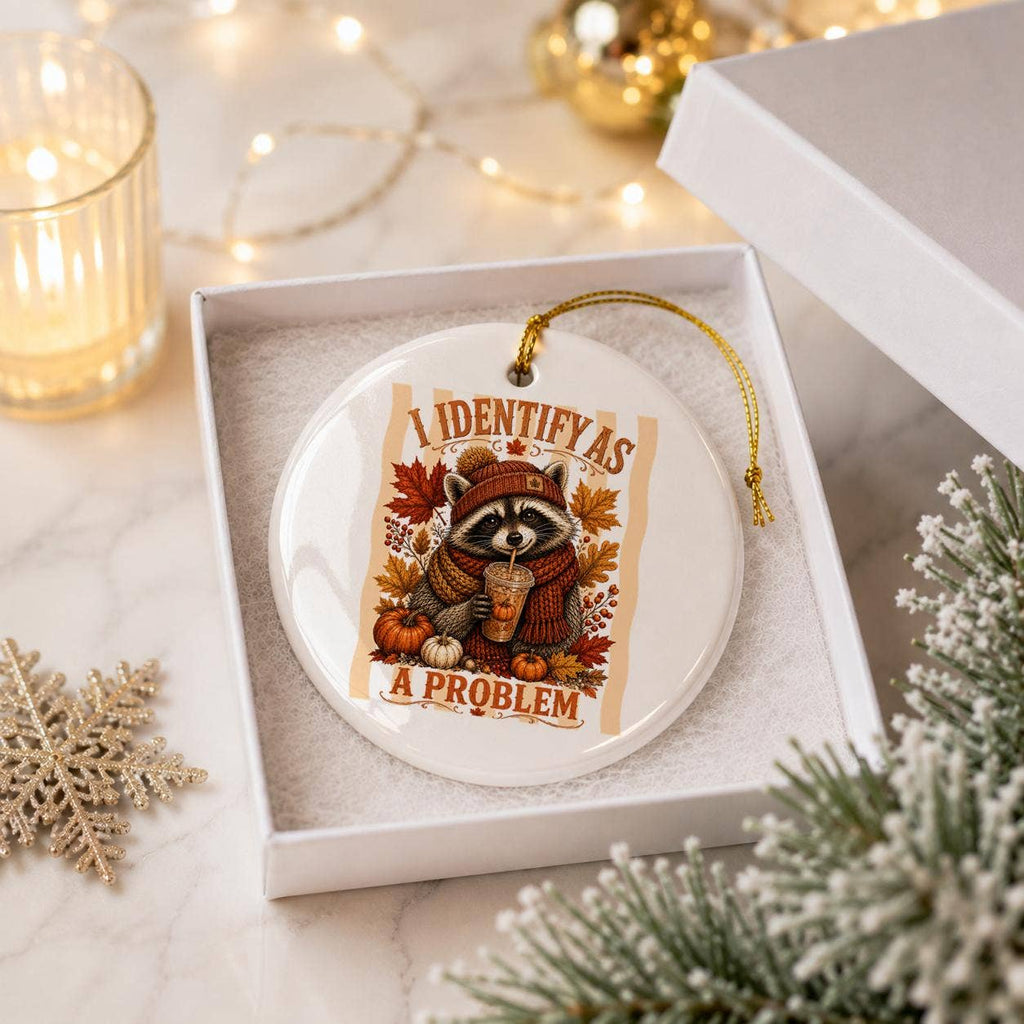 Autumn Raccoon Humor Ceramic Ornament with Pumpkins & Leaves