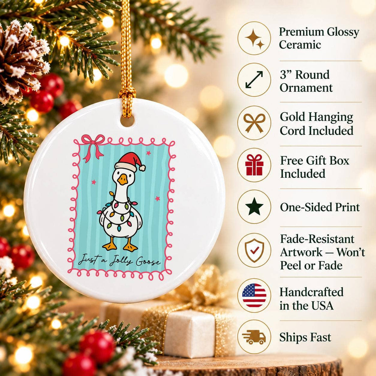 Jolly Goose Ceramic Ornament with Santa Hat & Holiday Lights