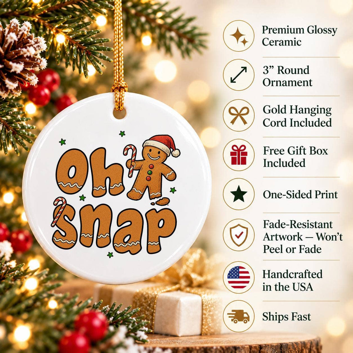 Oh Snap Gingerbread Man Ceramic Ornament with Santa Hat