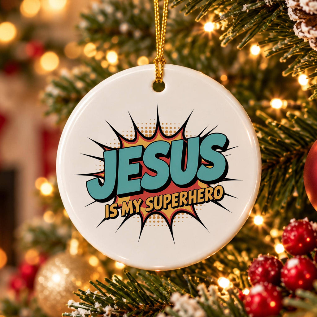 Jesus Is My Superhero Comic Ceramic Ornament for Christmas
