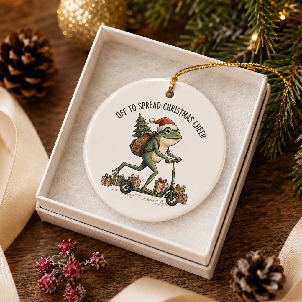 Whimsical Frog on Scooter Christmas Ornament in Gift Box