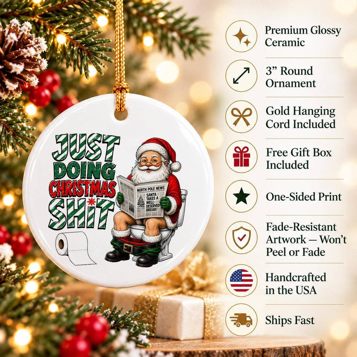 Hilarious Santa Toilet Humor Ornament in Gift Box - Ceramic