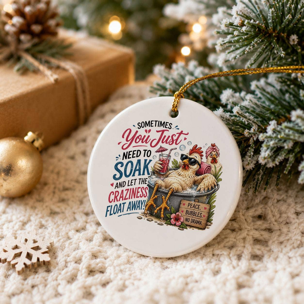 Cozy Tub Soaking Chicken Ceramic Ornament for Holiday Humor