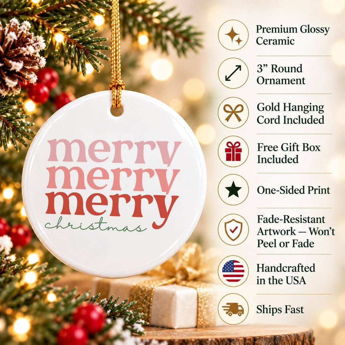 Merry Christmas Ceramic Ornament with Gold Ribbon Gift Box