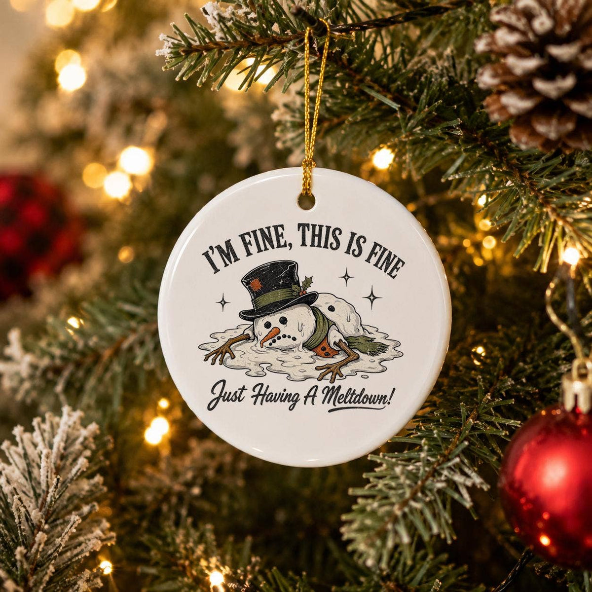 Humorous Snowman Meltdown Ceramic Christmas Ornament