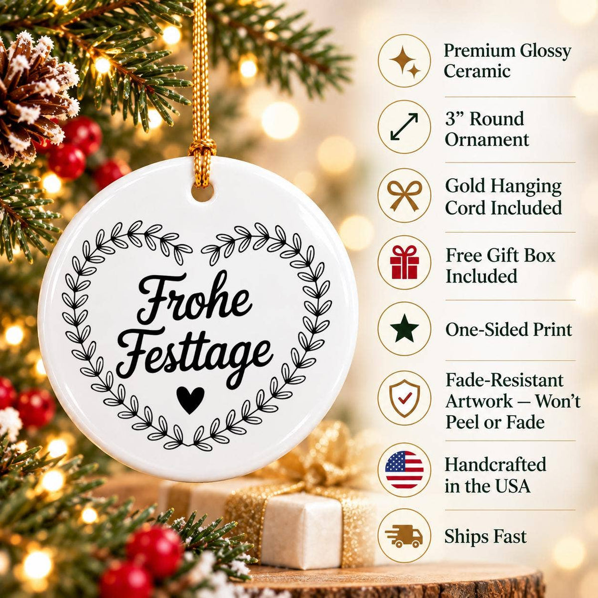 Heart Vine Motif 'Frohe Festtage' White Ceramic Ornament Box
