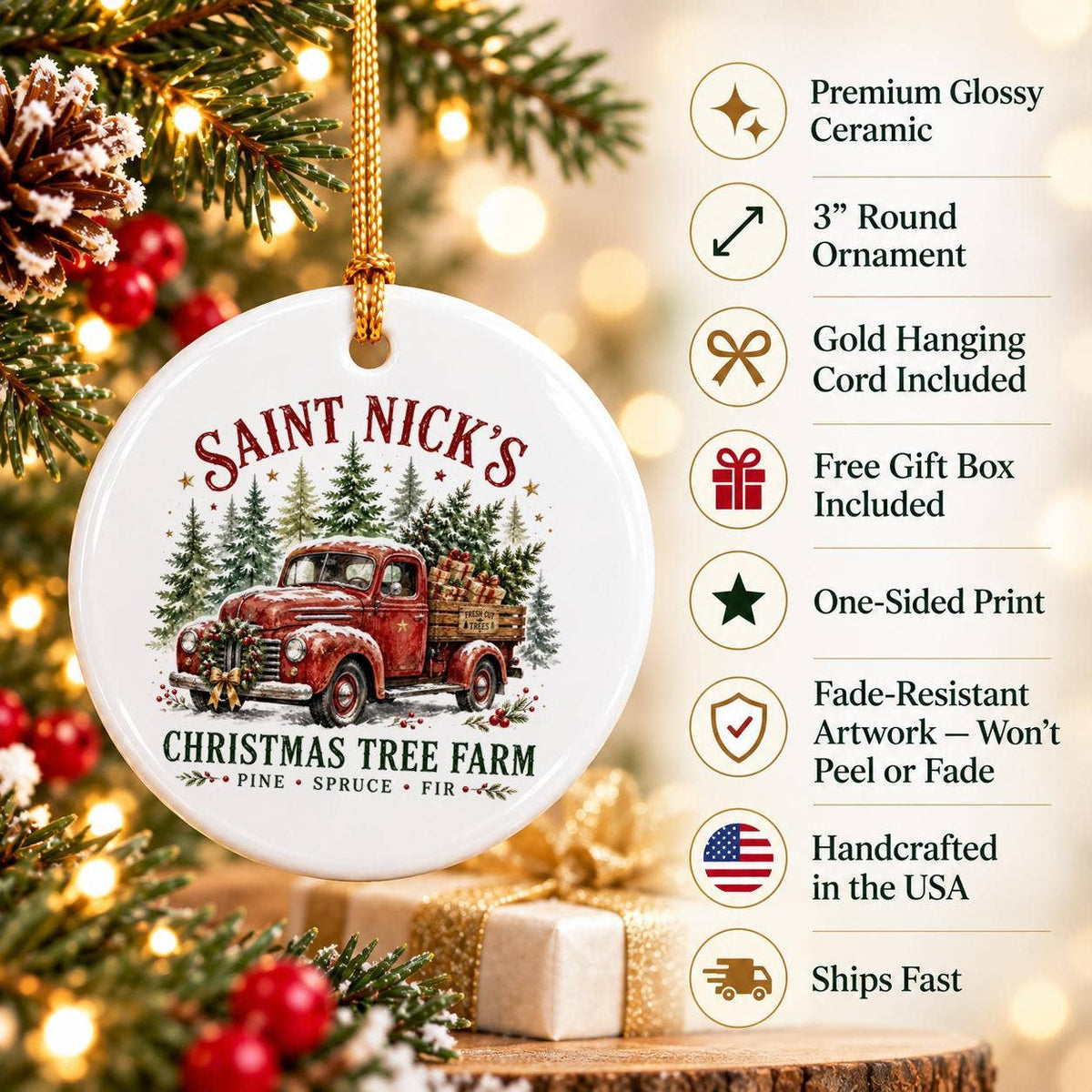Saint Nicks Tree Farm Vintage Red Truck Christmas Ornament