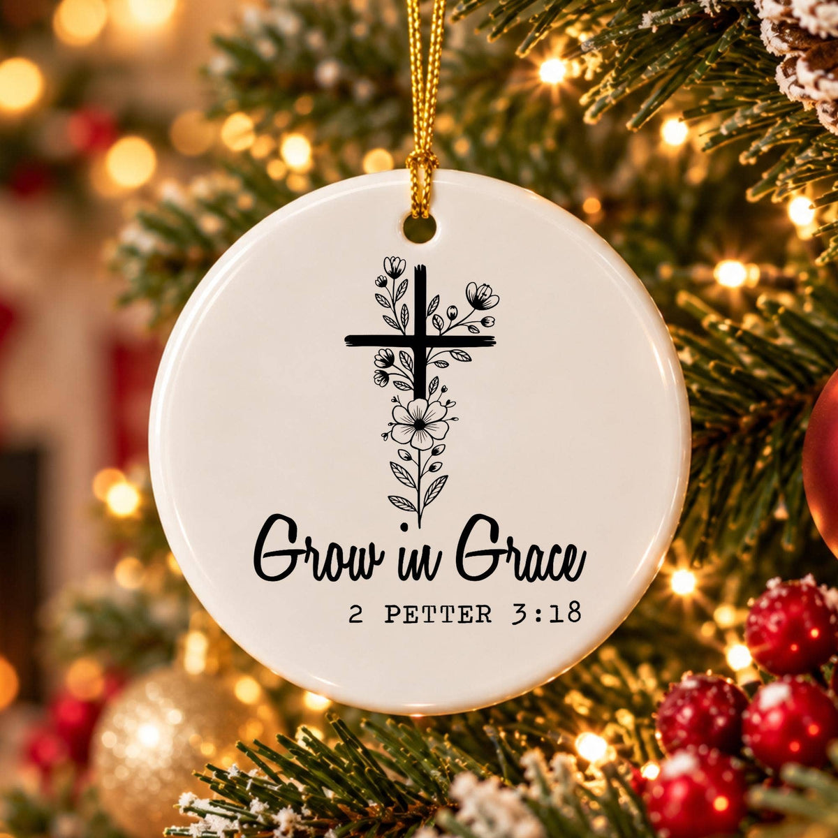 Faith & Floral Ceramic Ornament: Grow in Grace Holiday Gift