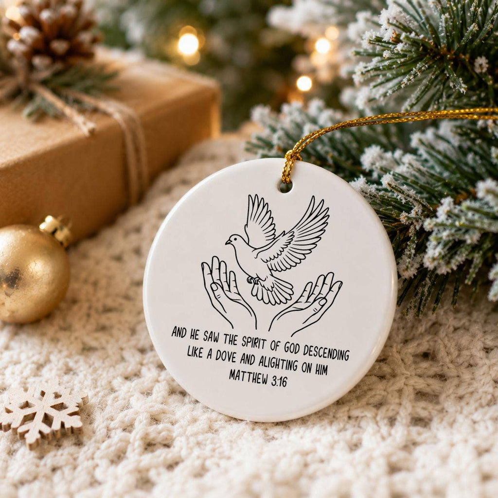 Ceramic Dove Ornament with Matthew 3:16 Bible Verse