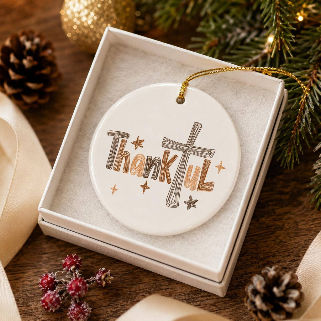 Thankful Cross Beige Ceramic Ornament with Gift Box