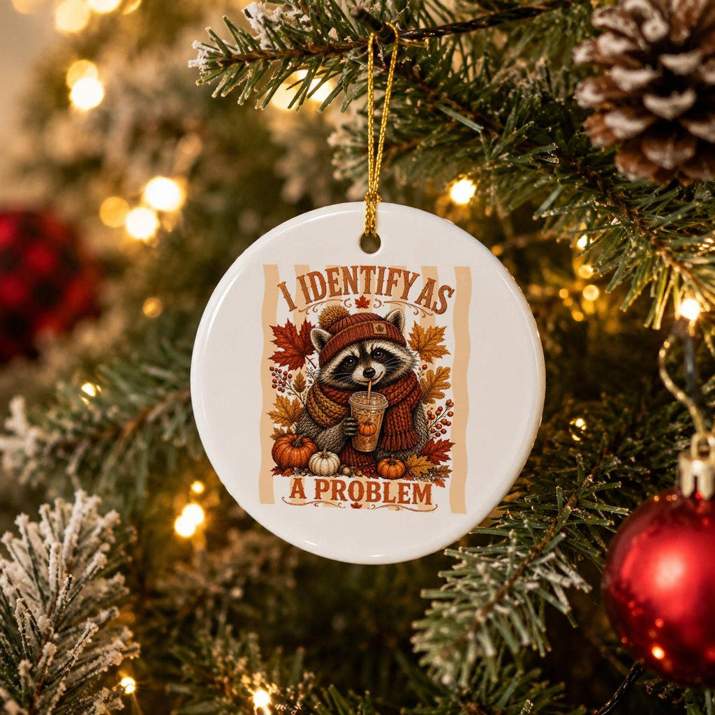 Autumn Raccoon Humor Ceramic Ornament with Pumpkins & Leaves