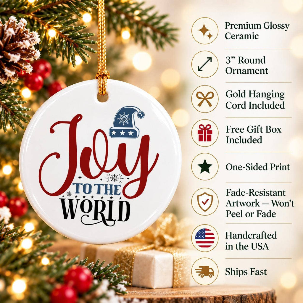 Joy to the World Ceramic Ornament with Winter Hat Design
