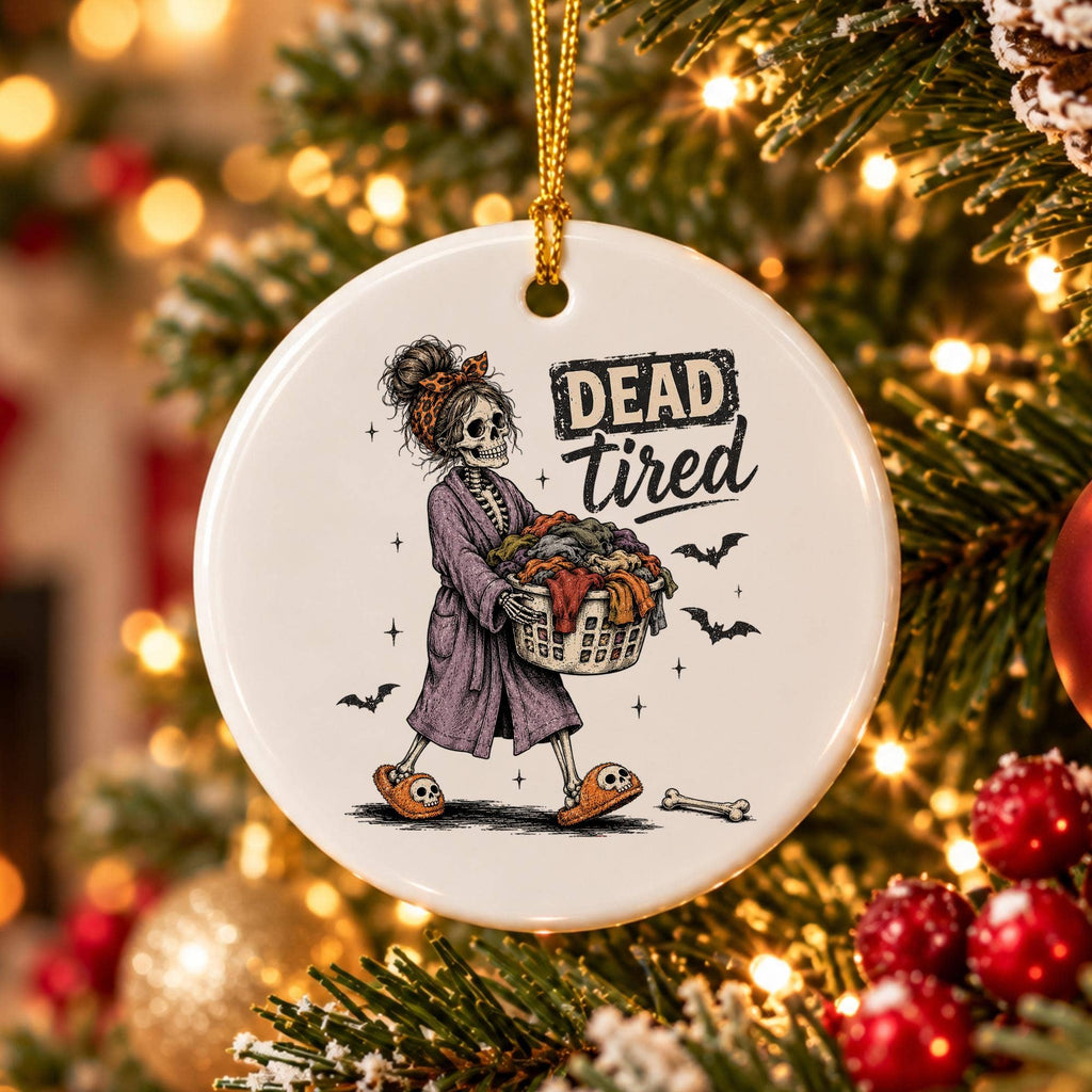 Whimsical 'Dead Tired' Skeleton Ceramic Halloween Ornament