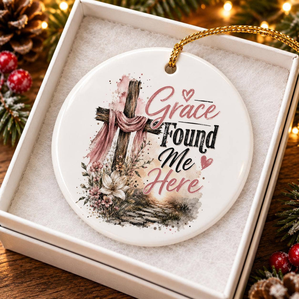 Grace Found Me Ceramic Ornament with Cross & Floral Motif