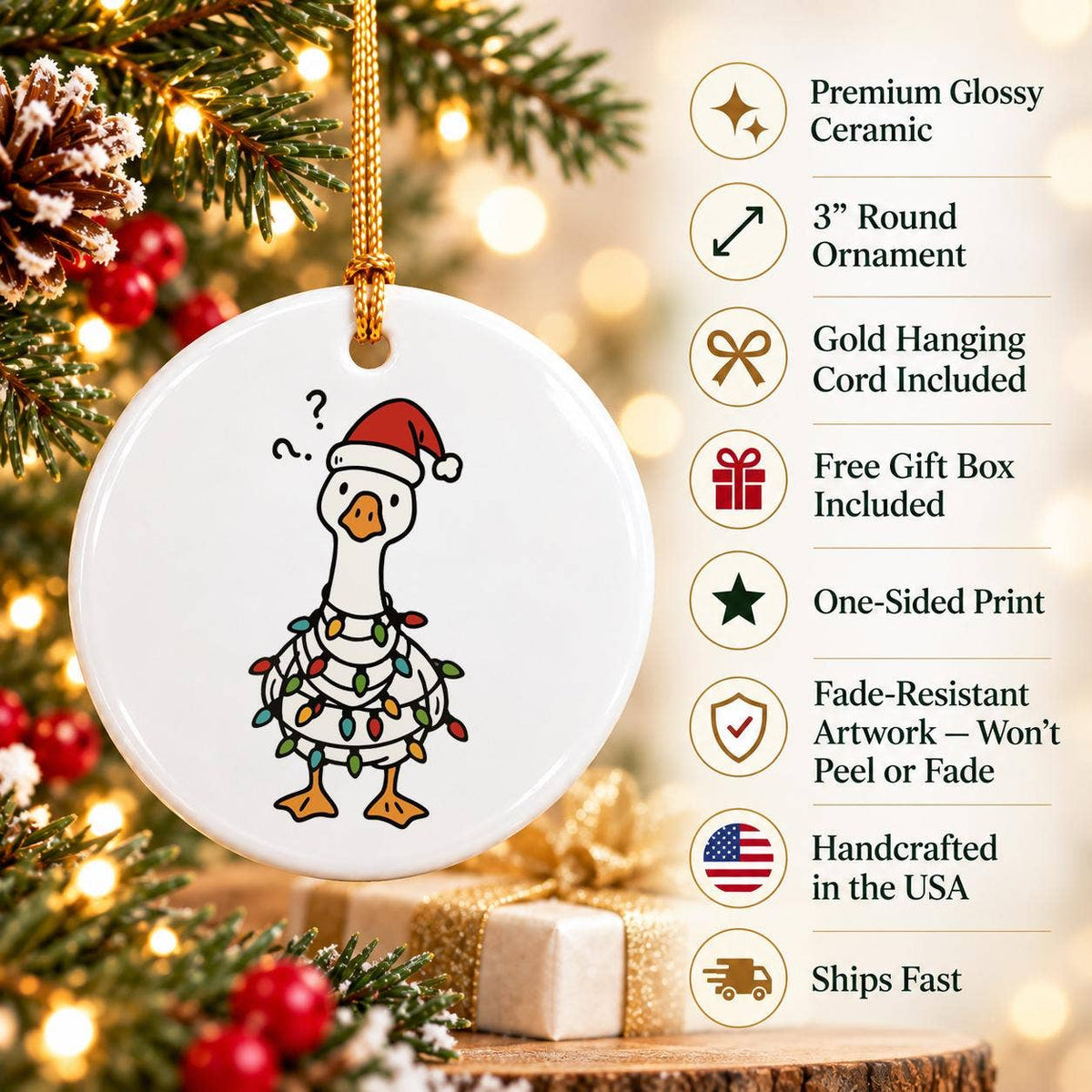 Funny Goose Christmas Ceramic Ornament with Lights