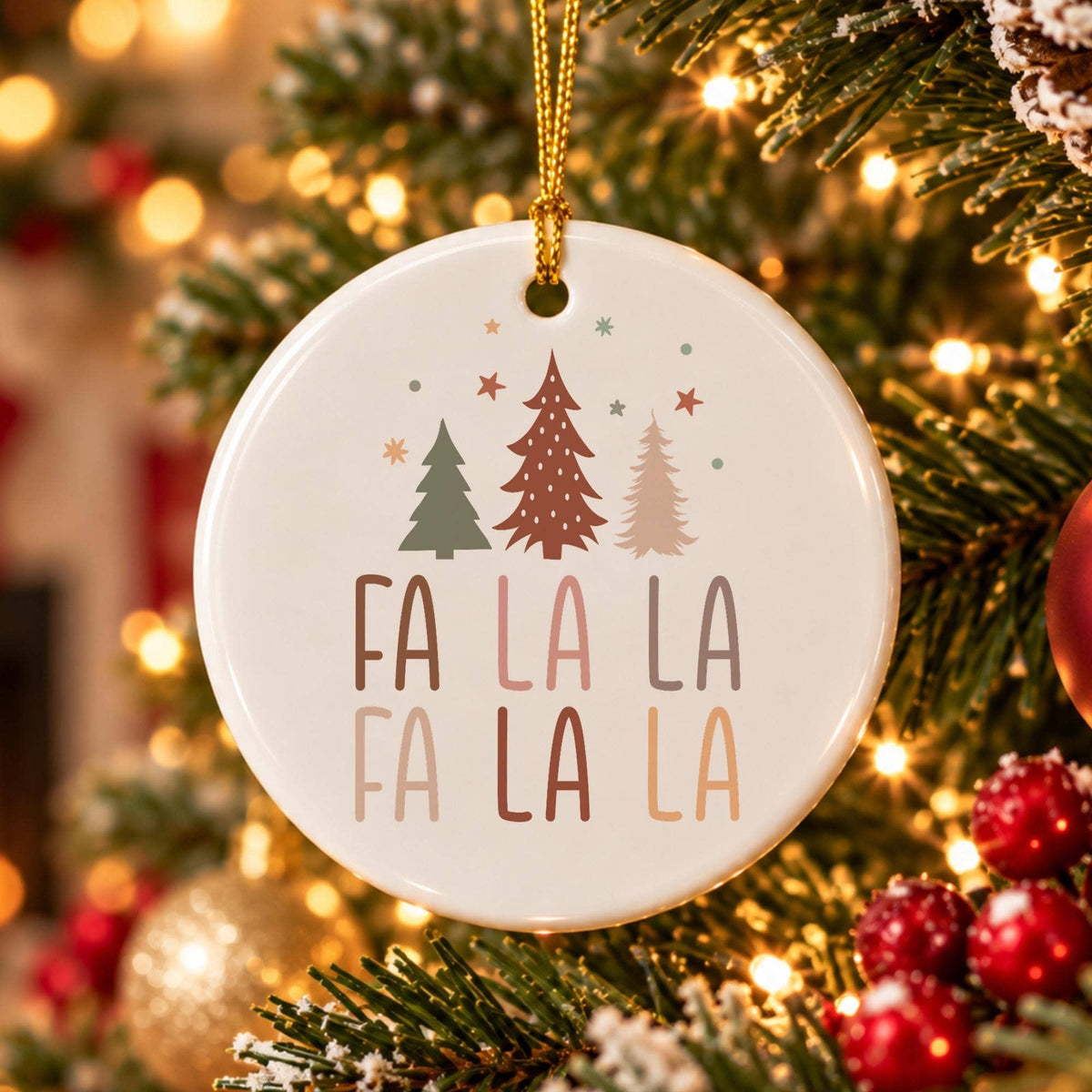 Fa La La Ceramic Ornament with Christmas Trees in Gift Box