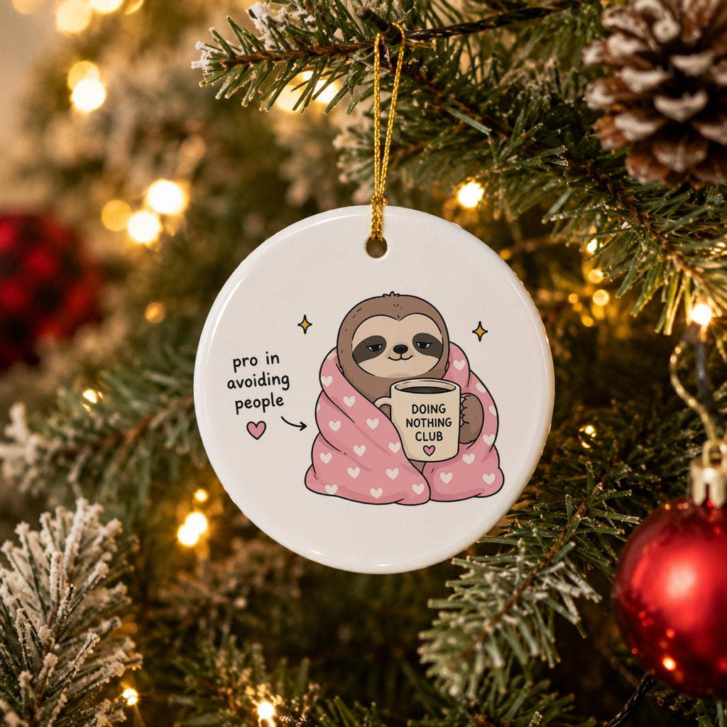 Introvert Sloth Ceramic Ornament with Heart Blanket & Mug