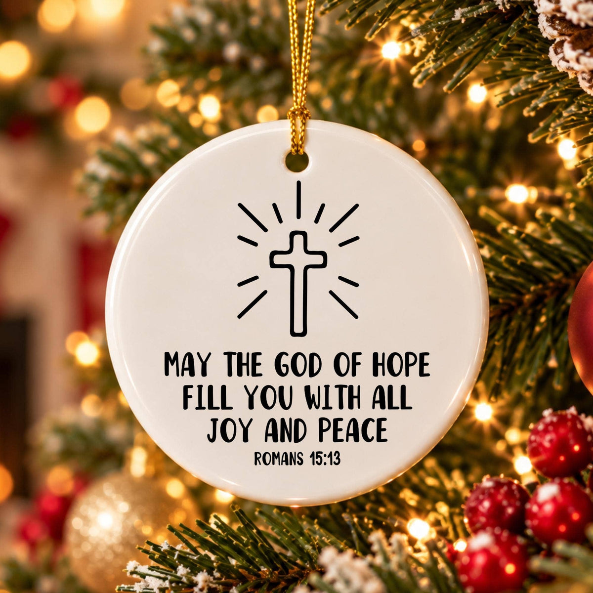Christian Ceramic Ornament with Romans 15:13 Verse & Cross