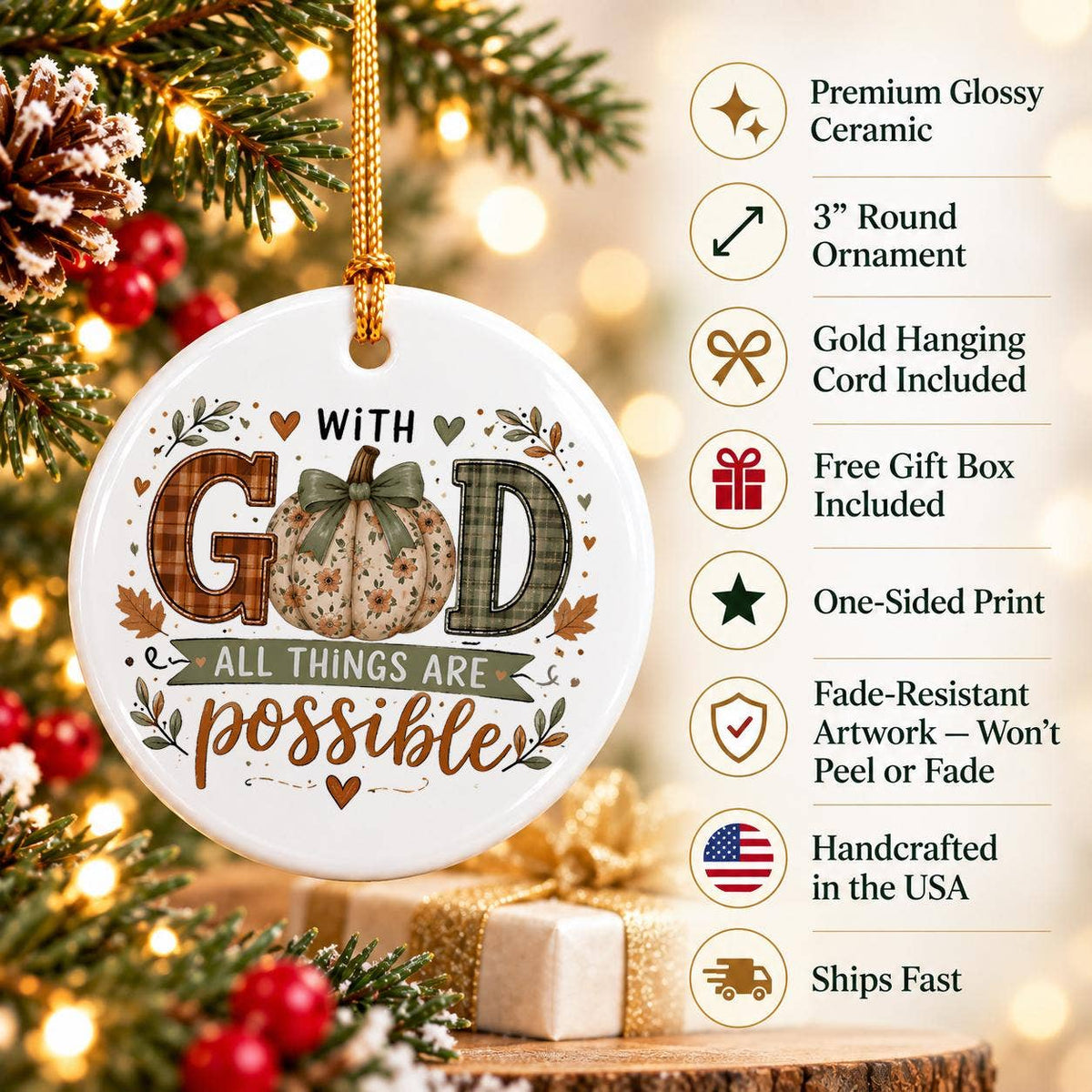 Inspirational Ceramic Pumpkin Ornament with Faith Message