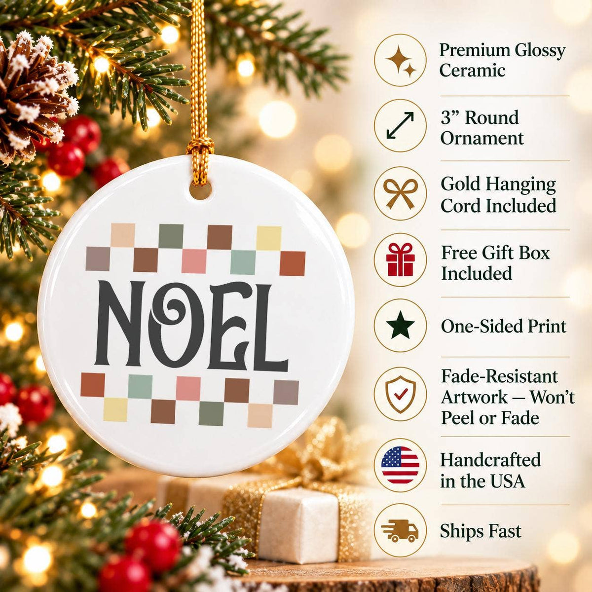 Noel Ceramic Ornament with Gift Box Christmas Decor