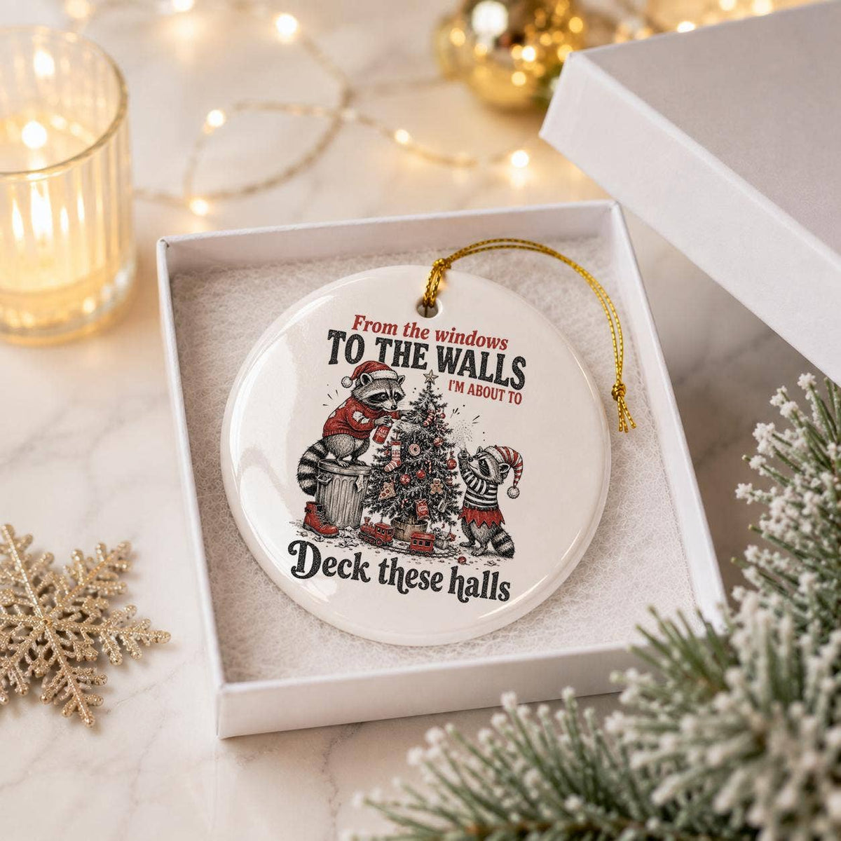 Funny Raccoon Christmas Ceramic Ornament with Gift Box