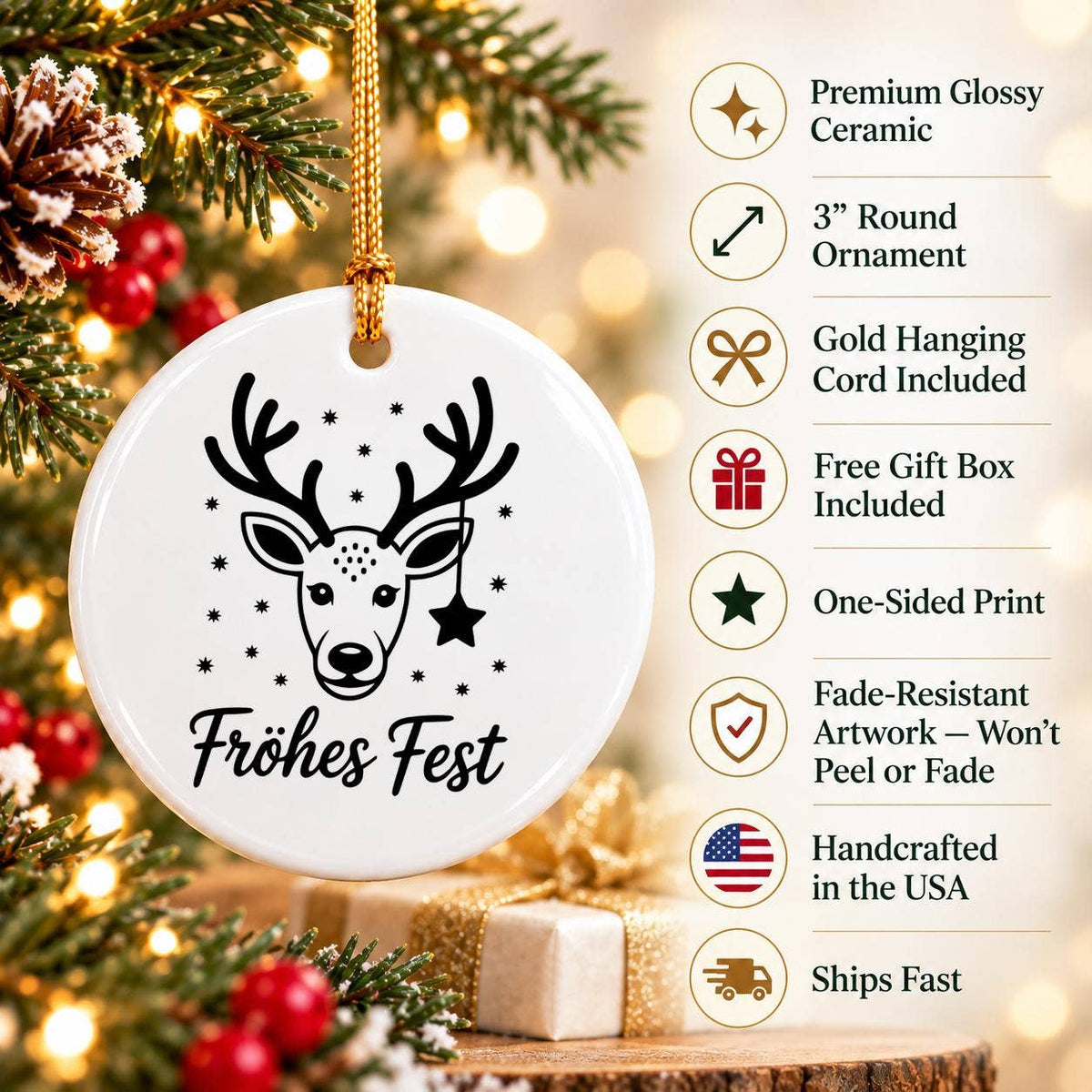 Fröhliche Fest Reindeer Ceramic Christmas Ornament