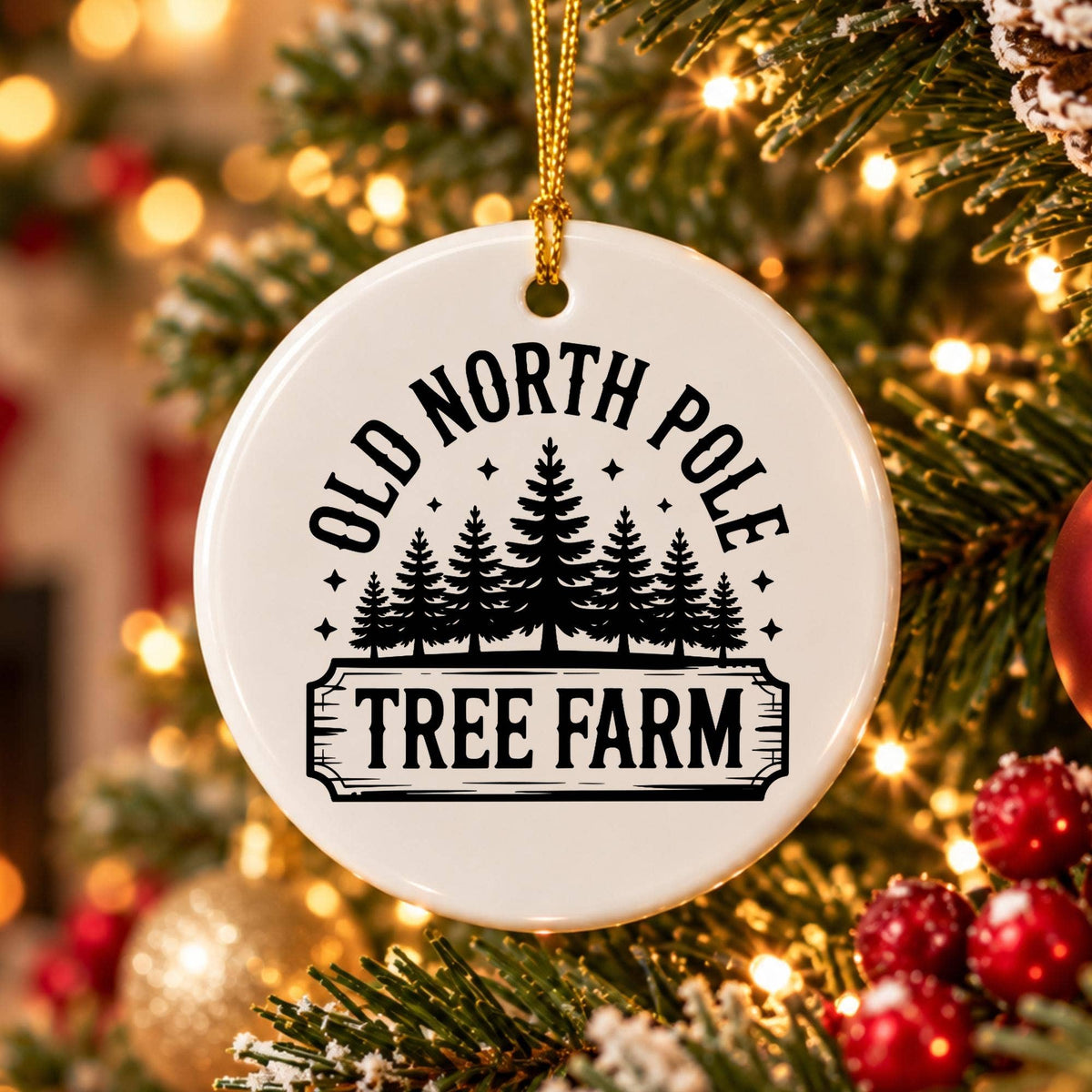Vintage North Pole Tree Farm Ceramic Ornament for Christmas