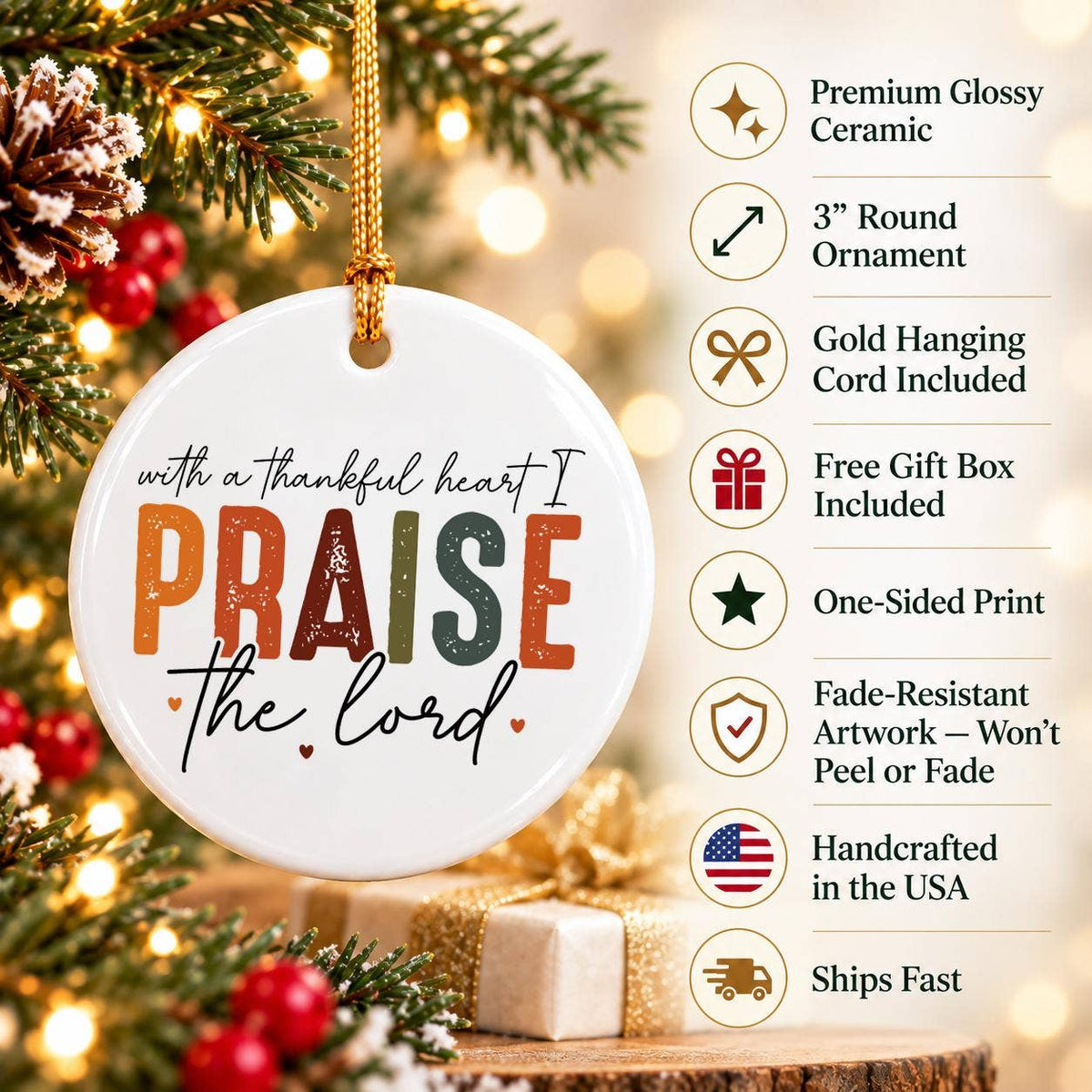 Thankful Heart Praise the Lord Ceramic Autumnal Ornament Set