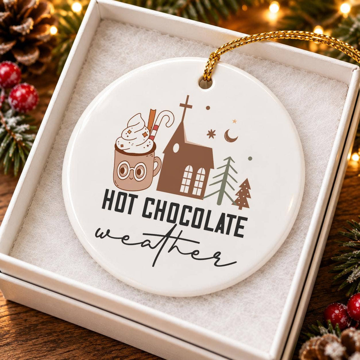 Cozy Hot Chocolate Ceramic Ornament with Christmas Motifs