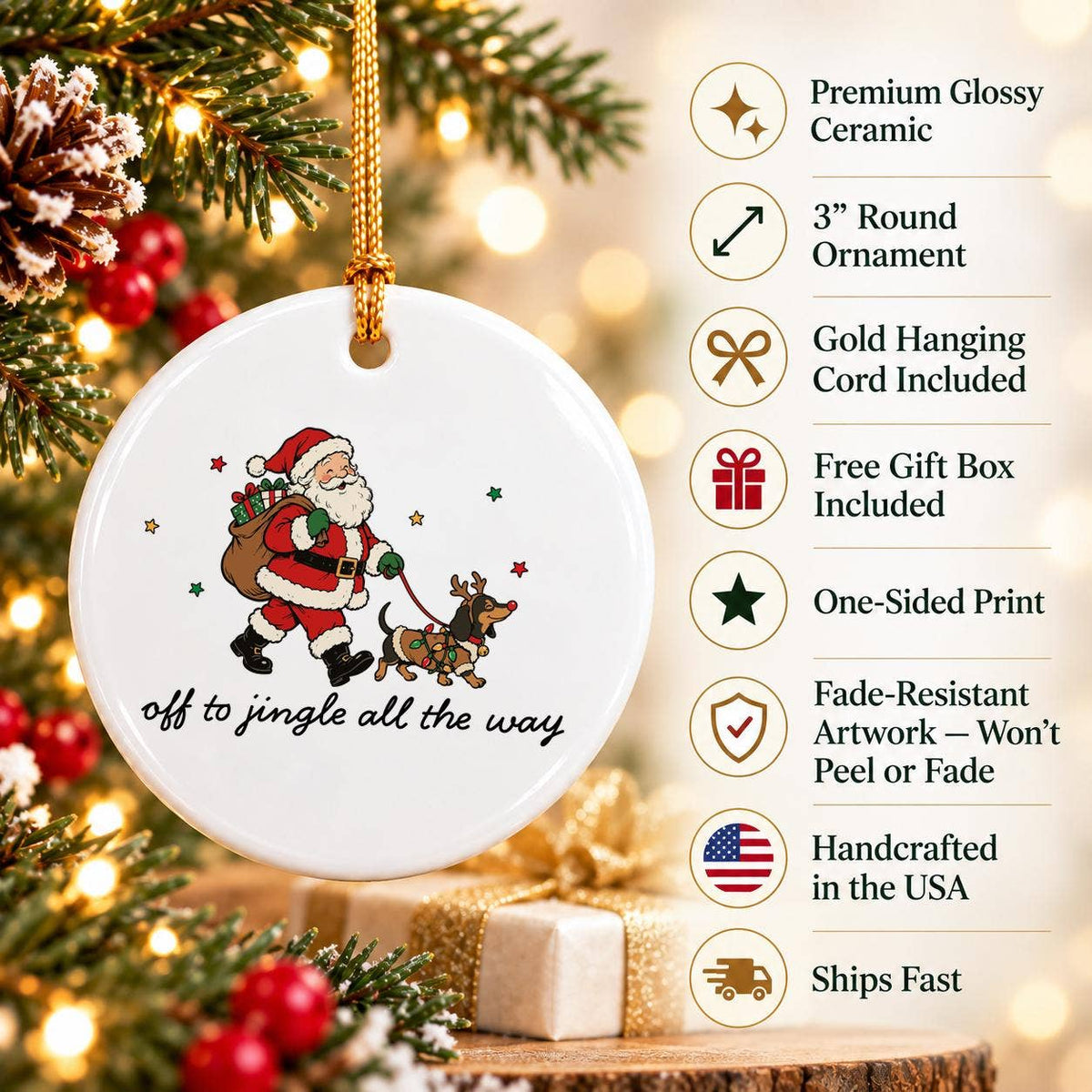 Santa and Reindeer Ceramic Christmas Ornament Gift