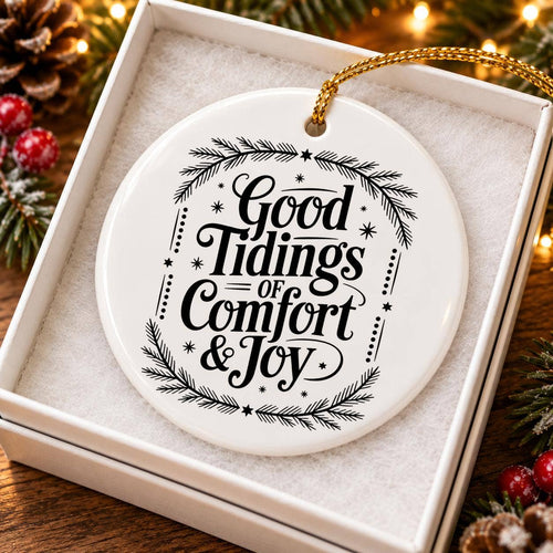 Ceramic Ornament with Evergreen and Good Tidings Gift Box