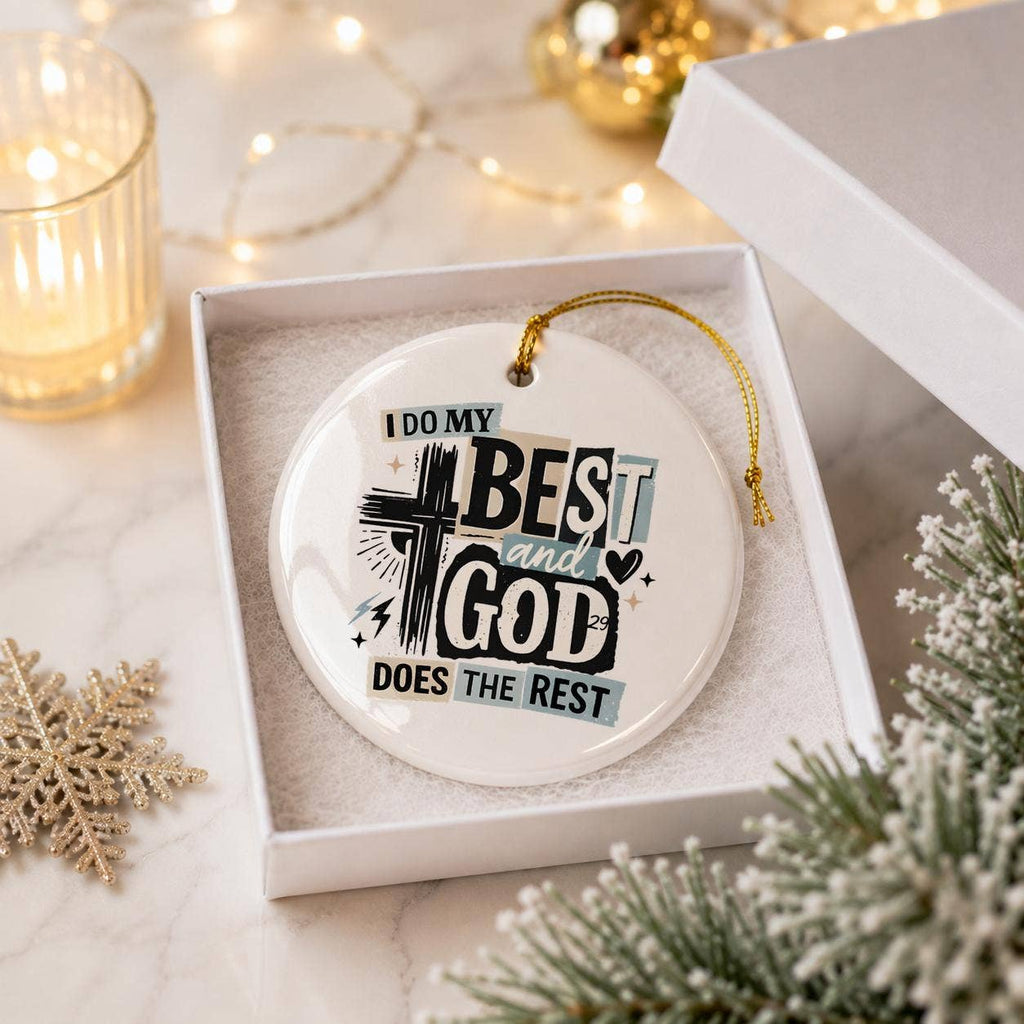Religious Ceramic Ornament with Cross and Motivational Text