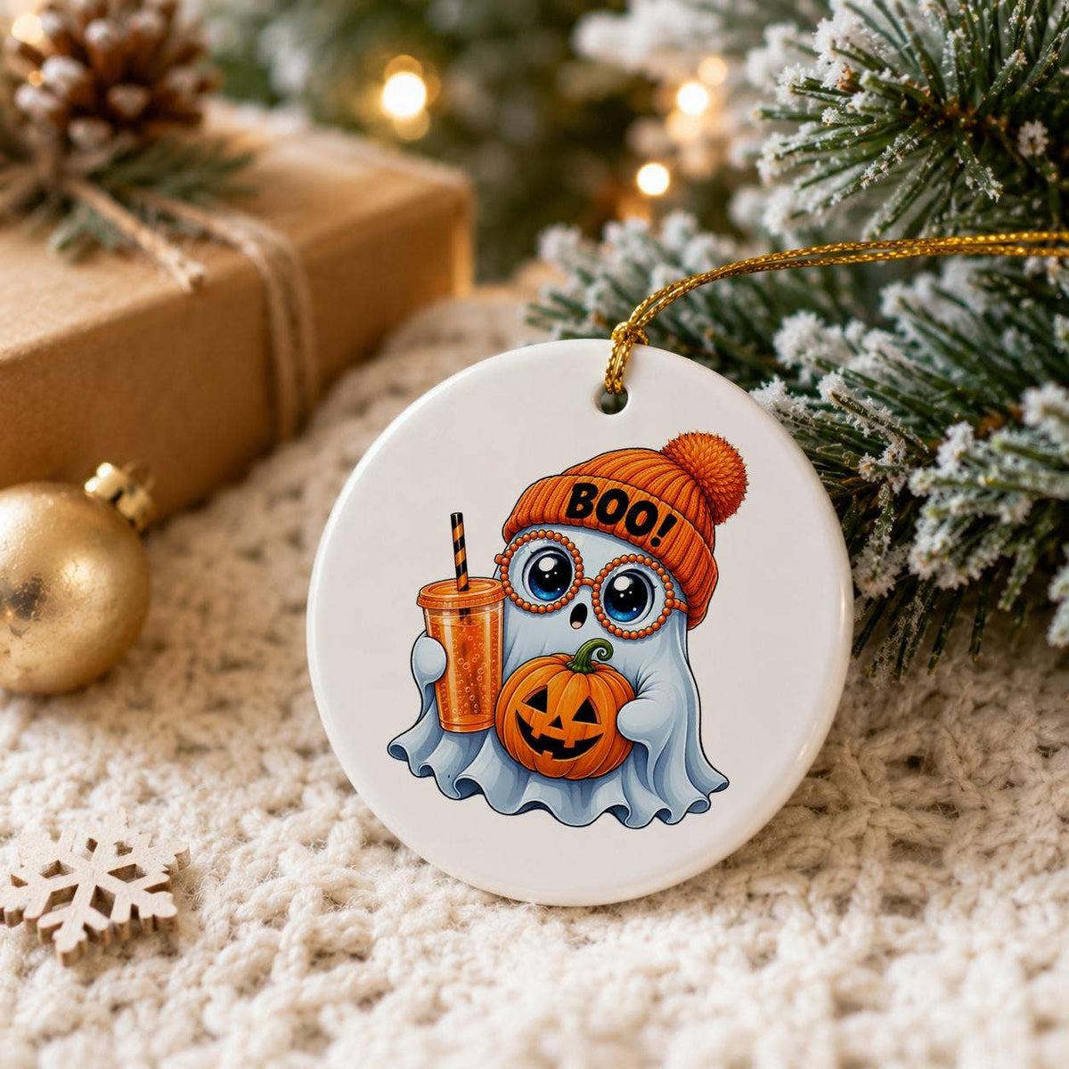 Ceramic Halloween Ghost Ornament with Pumpkin and Glasses