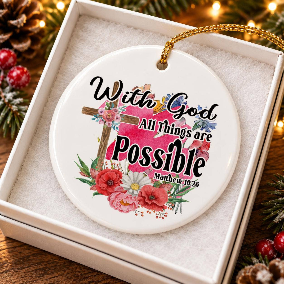 Faith Floral Cross Ceramic Ornament with Gift Box