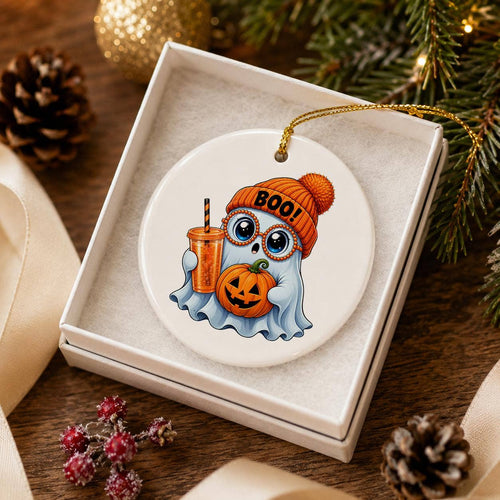 Ceramic Halloween Ghost Ornament with Pumpkin and Glasses